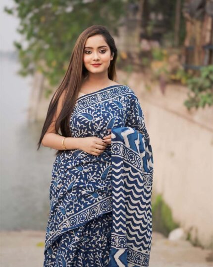 Blue Color 1-Minute Ready to Wear Premium Cotton Saree with Blouse Piece - Navshtri Family