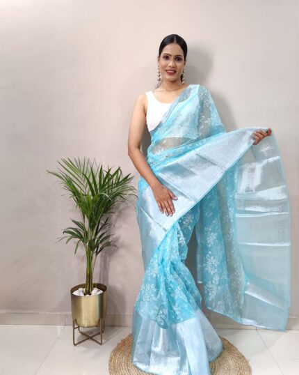 Blue Color Ready to Wear Pure Kanchi Organza Jacquard Full Worked Saree With Blouse & Silk Border - Navshtri Family