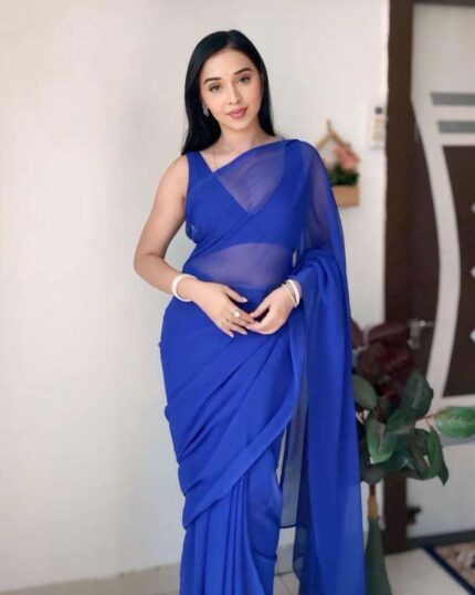 Blue Colour 1-Minute Ready To Wear Georgette Saree With Blouse Piece - Navshtri Family