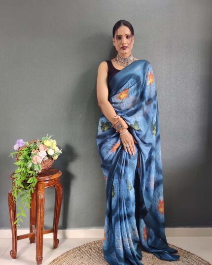 Blue Colour 1-Minute Ready To Wear Georgette Saree With Blouse Piece - Navshtri Family