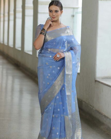 Blue Colour New Design Pure Kanchi Organza Jacquard Full Worked Saree With Blouse & Silk Border - Navshtri Family