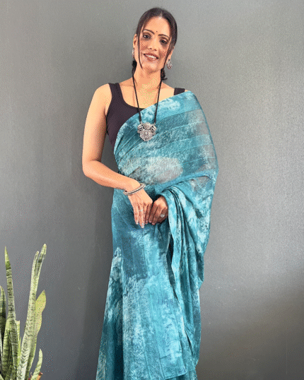Bottle Blue Color 1-Minute Ready To Wear Georgette Saree With Blouse Piece - Navshtri Family