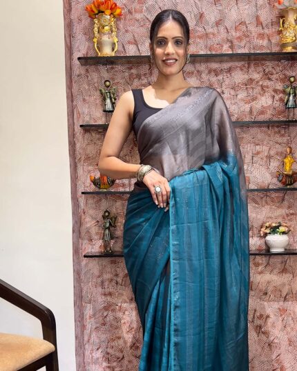 Bottle Blue Color 1-Minute Ready To Wear Naylon Saree With Blouse Piece - Navshtri Family