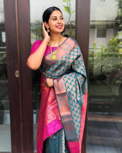 Bottle Blue Color Soft Banarasi Silk Saree with Golden Zari Work - Navshtri Family