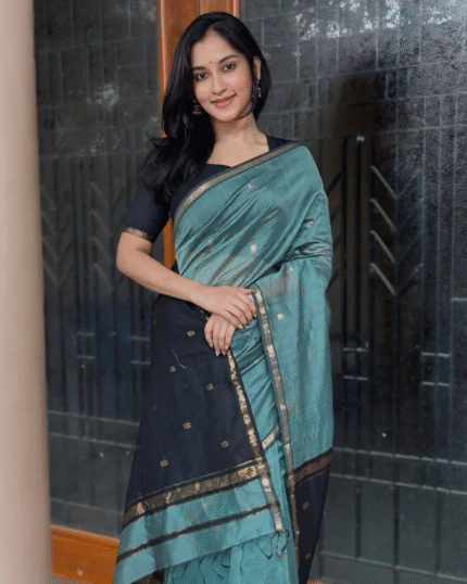 Bottle Green And Black Premium Cotton Silk Saree With Classy Blouse and tassels - Navshtri Family