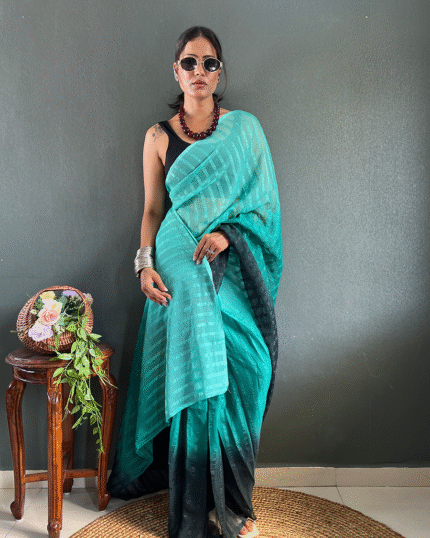 Bottle Green Color 1-Minute Ready To Wear Georgette Saree With Blouse Piece - Navshtri Family
