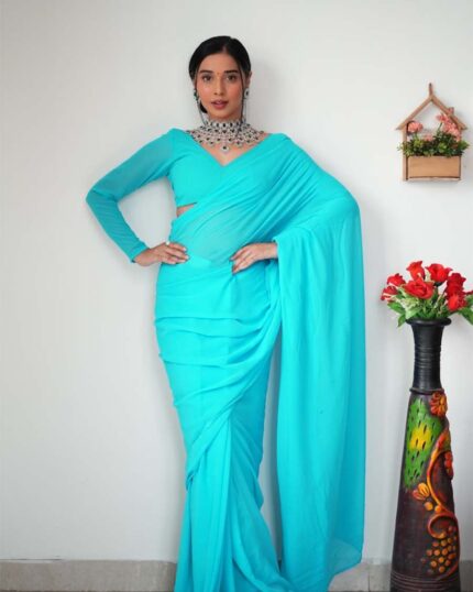 Bottle Green Color 1-Minute Ready To Wear Georgette Saree With Blouse Piece - Navshtri Family