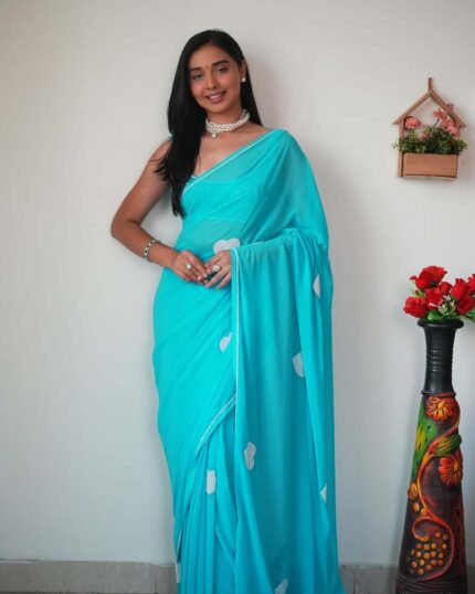 Bottle Green Color 1-Minute Ready To Wear Georgette Saree With Blouse Piece - Navshtri Family