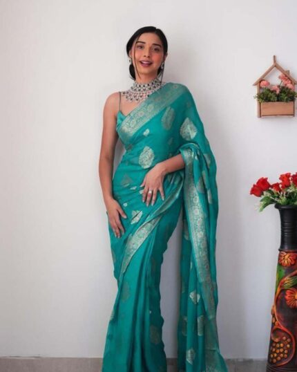 Bottle Green Color 1 Minute Ready to Wear Soft Banarasi Silk Saree with Golden Zari Work - Navshtri Family
