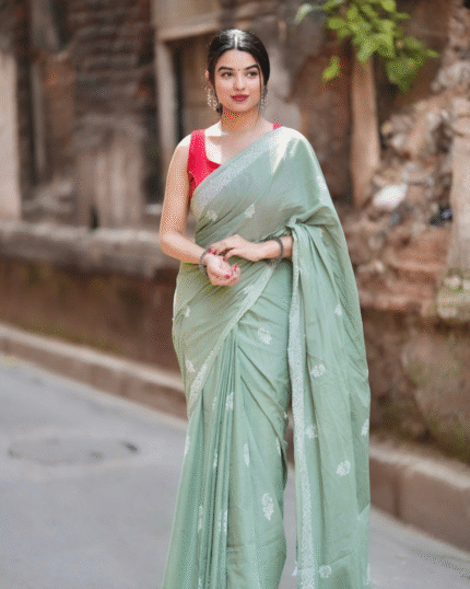 Bottle Green Color Mulmul Cotton 1 - Minute Ready to Wear Saree with Pocket and Blouse Piece - Navshtri Family