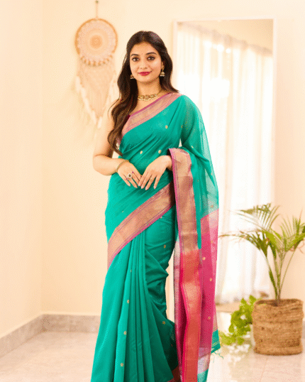 Bottle Green Color Premium Cotton Silk Saree With Classy Blouse and tassels - Navshtri Family