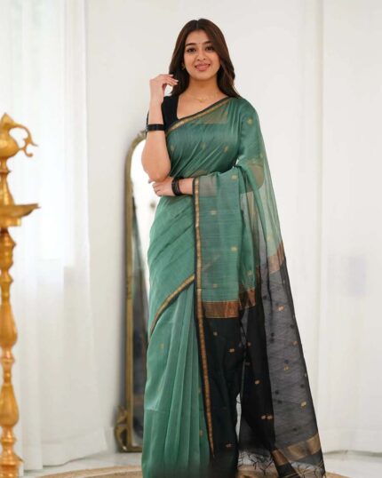 Bottle Green Color Premium Cotton Silk Saree With Classy Blouse and tassels - Navshtri Family