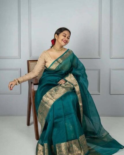 Bottle Green Color Pure Soft Organza Plain Saree with Pure Zari Weaving & Silk Border - Navshtri Family