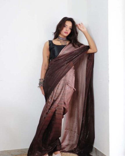 Brown Color 1-Minute Ready To Wear Georgette Saree With Blouse Piece - Navshtri Family