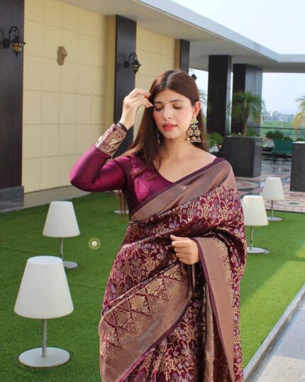 Brown Color Latest Soft Banarasi Silk Saree with Golden Zari Work - Navshtri Family