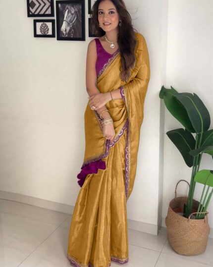 Brown Color Soft Chinnon Silk Saree with Lace Border & Blouse Piece - Navshtri Family