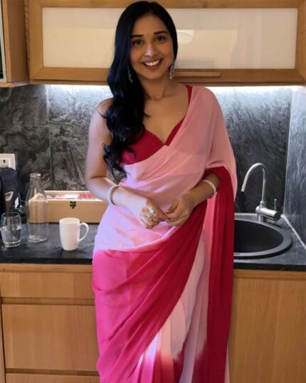 Calm Pink And Pink Colour 1-Minute Ready To Wear Georgette Saree With Blouse Piece - Navshtri Family