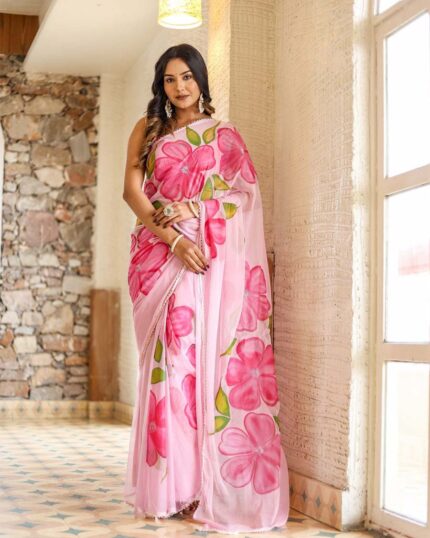 Calm Pink Color 1-Minute Ready to Wear Floral Deisgn Georgette Saree with Blouse Piece - Navshtri Family