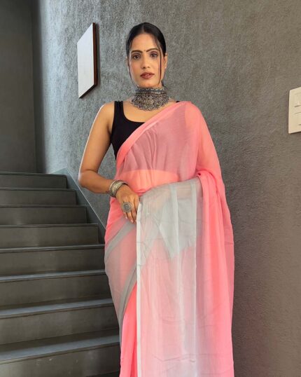 Calm Pink Color 1-Minute Ready To Wear Georgette Saree With Blouse Piece - Navshtri Family