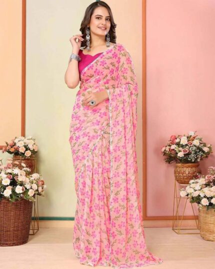 Calm Pink Color 1-Minute Ready To Wear Georgette Saree With Blouse Piece - Navshtri Family