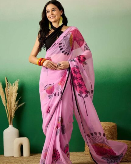 Calm Pink Color 1-Minute Ready To Wear Georgette Saree With Blouse Piece - Navshtri Family