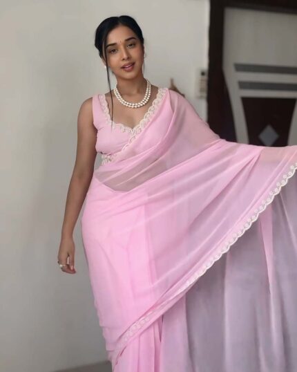 Calm Pink Color 1-Minute Ready To Wear Georgette Saree With Blouse Piece - Navshtri Family