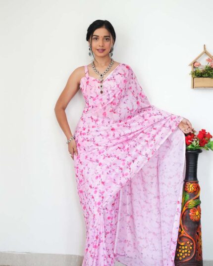 Calm Pink Color 1-Minute Ready To Wear Georgette Saree With Blouse Piece - Navshtri Family