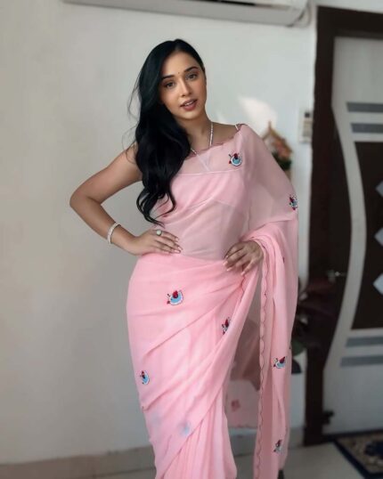 Calm Pink Color 1-Minute Ready To Wear Georgette Saree With Blouse Piece - Navshtri Family