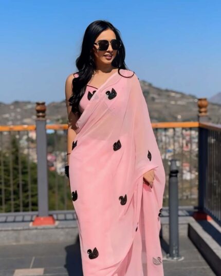 Calm Pink Color 1-Minute Ready To Wear Georgette Saree With Blouse Piece - Navshtri Family