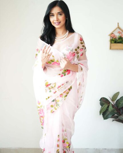 Calm Pink Color 1-Minute Ready To Wear Georgette Saree With Blouse Piece - Navshtri Family