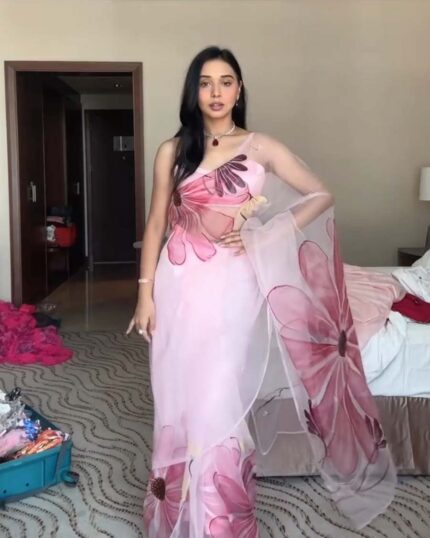 Calm Pink Color 1-Minute Ready To Wear Georgette Saree With Blouse Piece - Navshtri Family