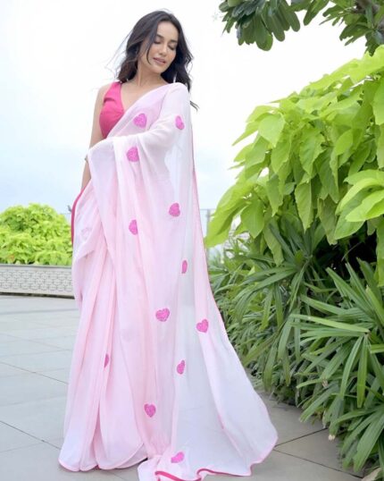Calm Pink Color 1-Minute Ready To Wear Georgette Saree With Blouse Piece - Navshtri Family