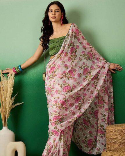 Calm Pink Color 1-Minute Ready To Wear Georgette Saree With Blouse Piece - Navshtri Family