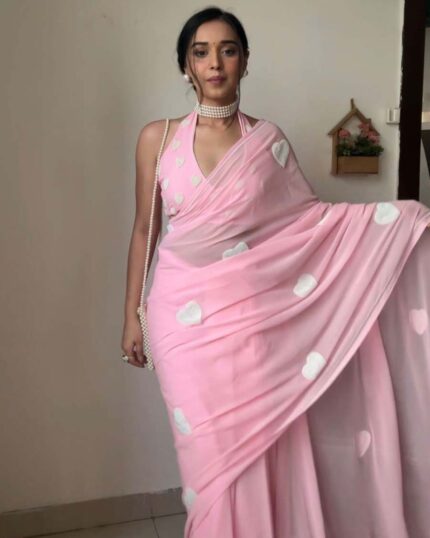 Calm Pink Color 1-Minute Ready To Wear Georgette Saree with Thread Gamthi Work - Heart - Navshtri Family