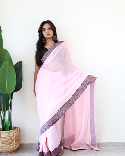 Calm Pink Colour 1-Minute Ready To Wear Georgette Saree With Blouse Piece - Navshtri Family