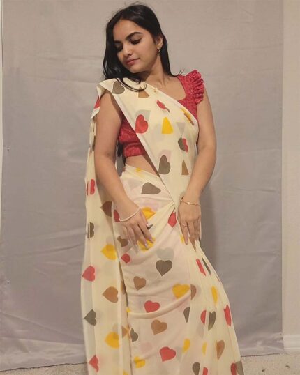 Cream Color 1-Minute Ready To Wear Georgette Saree With Blouse Piece - Navshtri Family