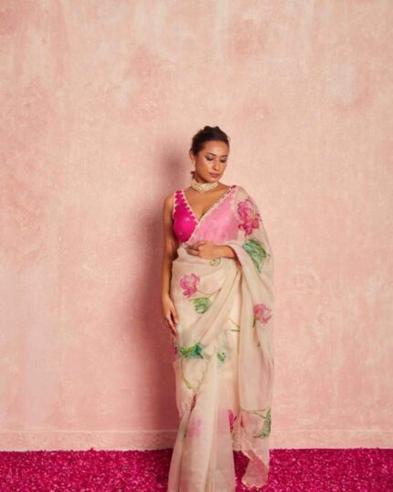 Cream Color 1-Minute Ready To Wear Organza Silk Saree with Moti Embroidery Work & Stitched Blouse - Navshtri Family