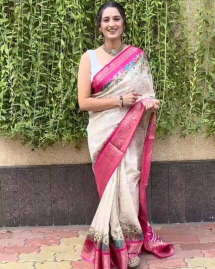 Cream Color Latest Collection Dola Silk Saree with Blouse Piece - Navshtri Family