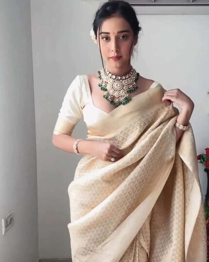 Cream Color Ready to Wear Soft Banarasi Silk Saree with Golden Zari Work - Navshtri Family