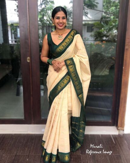 Cream Color Soft Banarasi Silk Saree with Golden Zari Work - Navshtri Family