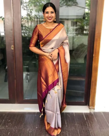 Cream Color Soft Banarasi Silk Saree with Golden Zari Work - Navshtri Family