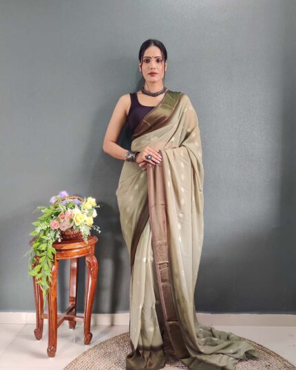 Cream Colour 1-Minute Ready To Wear Georgette Saree With Blouse Piece - Navshtri Family