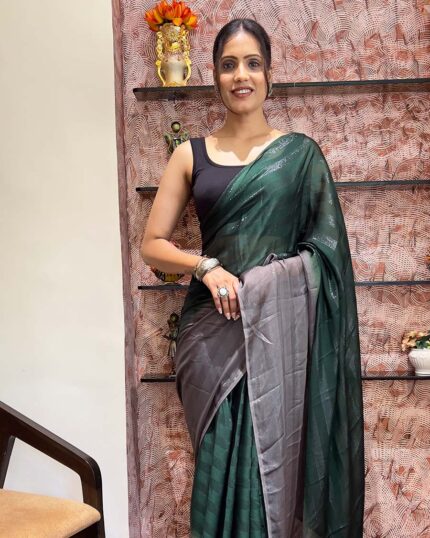 Dark Green Color 1-Minute Ready To Wear Naylon Saree With Blouse Piece - Navshtri Family