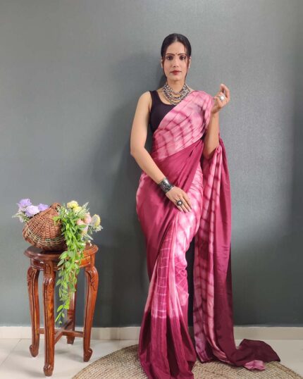 Dark Pink Colour 1-Minute Ready To Wear Chinon Saree With Blouse Piece - Navshtri Family