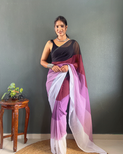Dual Color 1-Minute Ready To Wear Georgette Saree With Blouse Piece - Navshtri Family