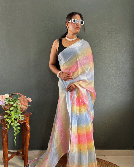 Dual Color 1-Minute Ready To Wear Georgette Saree With Blouse Piece - Navshtri Family