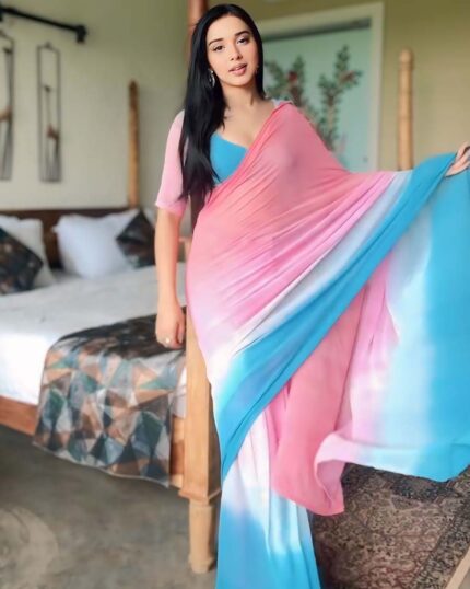 Dual Color 1-Minute Ready To Wear Georgette Saree With Blouse Piece - Navshtri Family