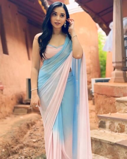 Dual Color 1-Minute Ready To Wear Georgette Saree With Blouse Piece - Navshtri Family