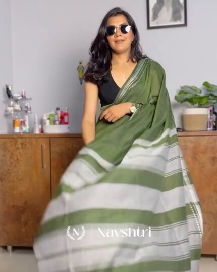 Forest Flicker - Handwoven Mahendi Linen Saree with Silver Accent & Blouse - Navshtri Family