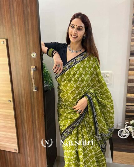 Forest Whisper - Green Linen Saree with Black Blouse Piece - Navshtri Family